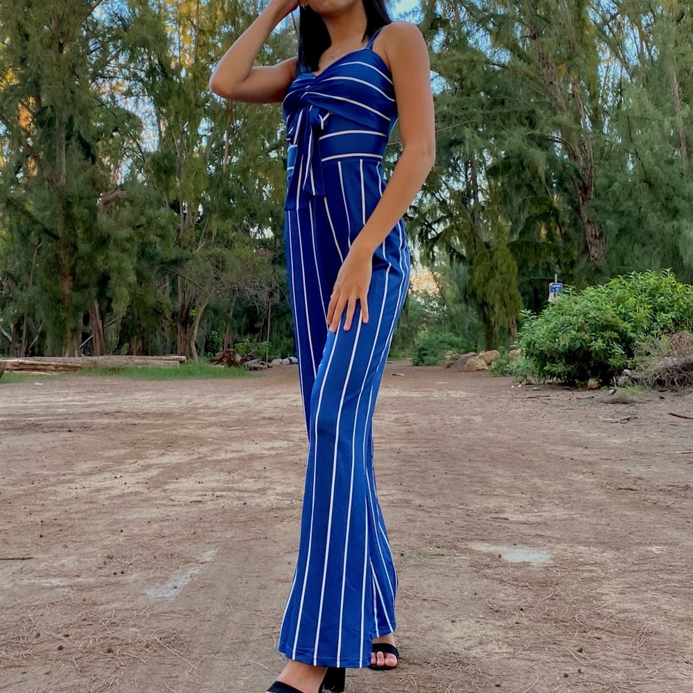 NWT Blue White Stripped Jumpsuit Adjustable Straps Pants Romper Jumper